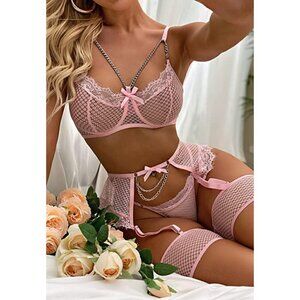 SEXY Eyelash Fishnet Lingerie Chain Babydoll Underwire Bra Panty Set Garter Belt